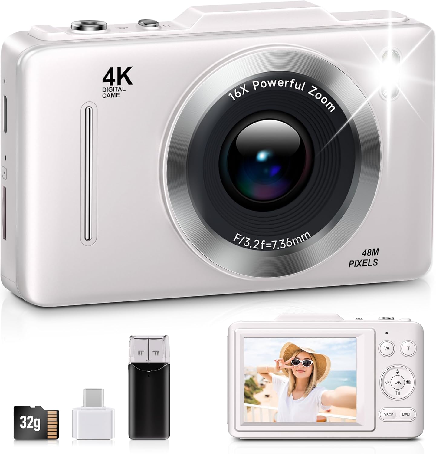Digital Camera, FHD 1080P Kids Camera Digital with 16x Zoom Anti Shake, 32GB Card, 4K 48MP Portable Compact Point and Shoot Cameras, Vintage Small Camera for Teens Beginner Kids Present
