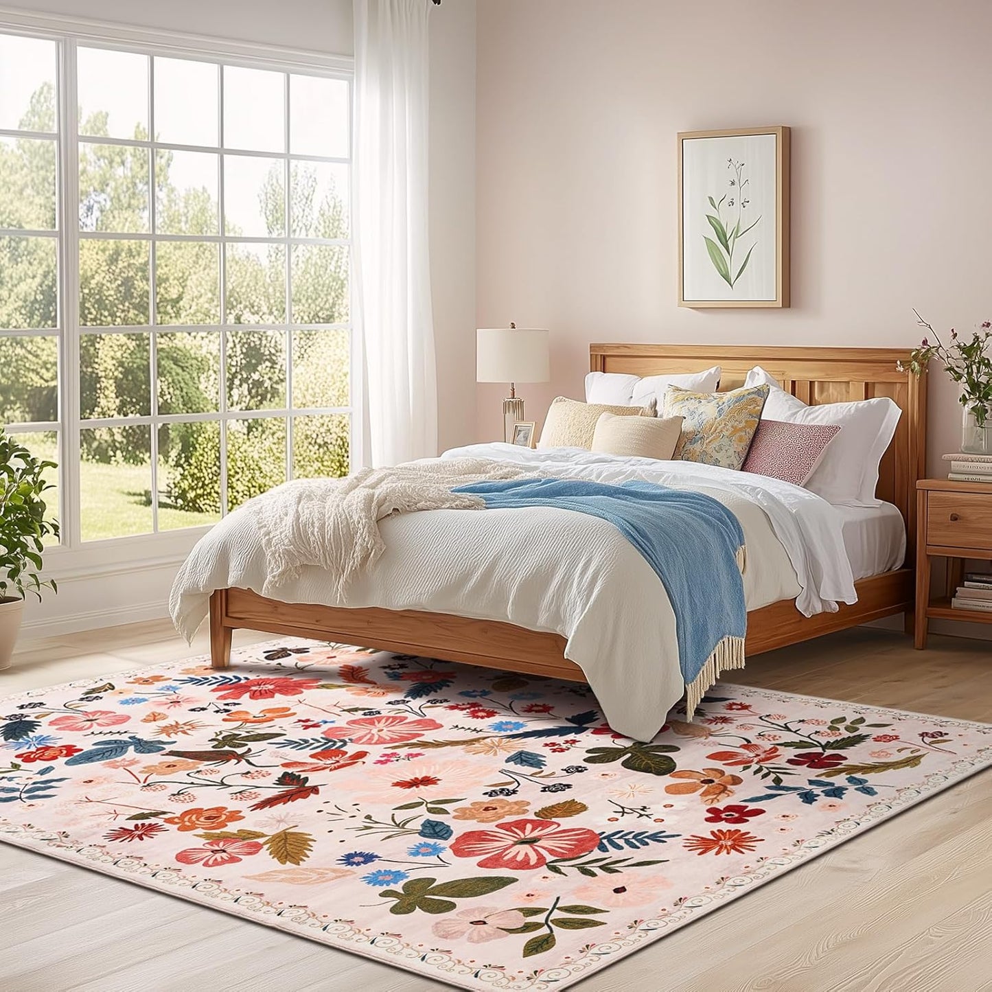 Living Room 6x9 Area Rugs Machine Washable Ultra-Thin Soft Non Slip Carpet Rug Vintage Boho Flower Stain Resistant Large Rug for Bedroom Dining Room Indoor Nursery Guest Room Home Decor,Beige