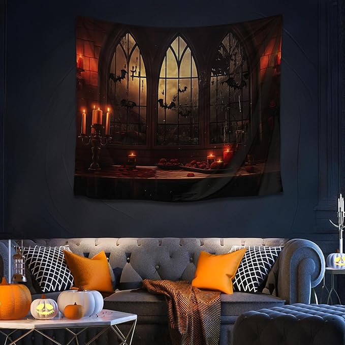 QGHOT Halloween Tapestry Wall Hanging Horror Castle Window Tapestry Gothic Spooky Backdrop Vampire Medieval Tapestries for Bedroom Living Room Dorm Wall Art Decor (59.1"x51.2")