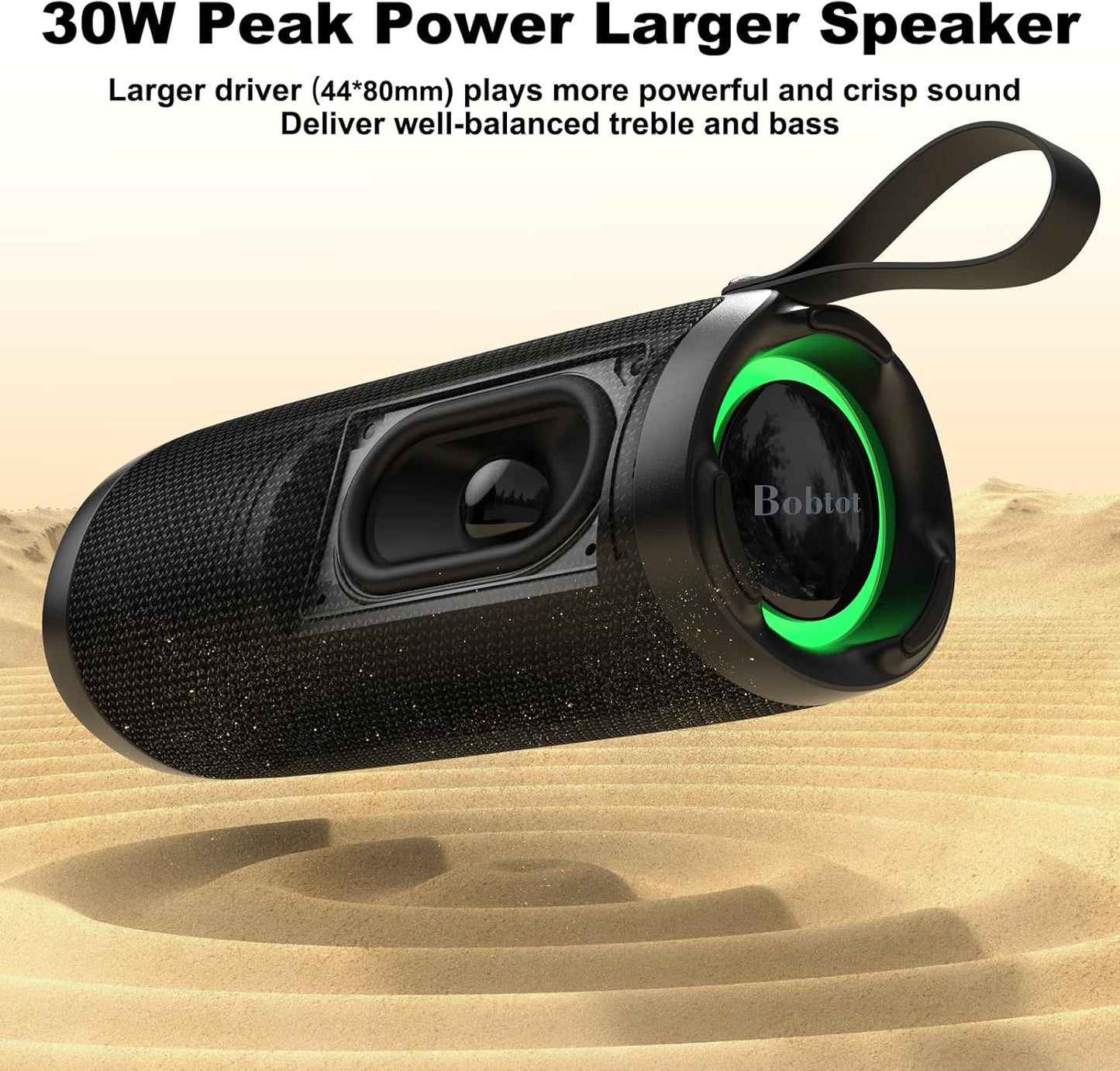 Bobtot Portable Bluetooth Speaker, IPX6 Waterproof Speaker with Punchy Bass, 15W Loud Sound, RGB, 15H Playtime, Dual Pairing for Party, Camping, Beach, Black