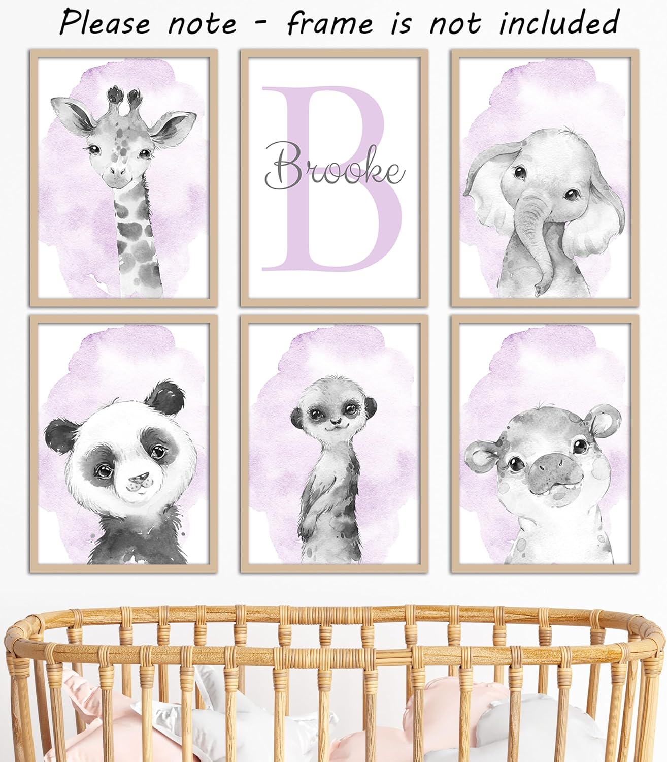 Safari Animals Set of 6 Unframed Poster Prints for Baby Girls Nursery Bedroom Playroom, Personalized Name, Choice of 12 Animals, Pink Purple (8x10)