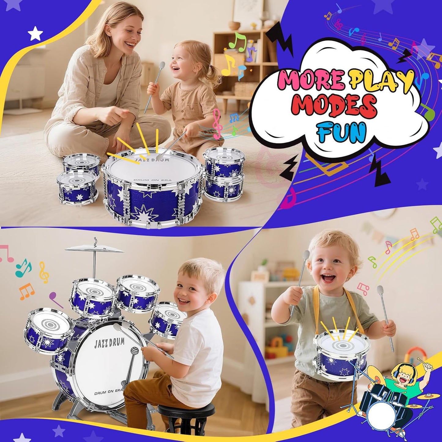 Upgraded Drum Set for Kids 3-5 Toddler Toy Ages 2-4 Jazz Drums Kit with Stool Musical Instrument Toys for 3 4 5 Year Old Girls Boys Gifts