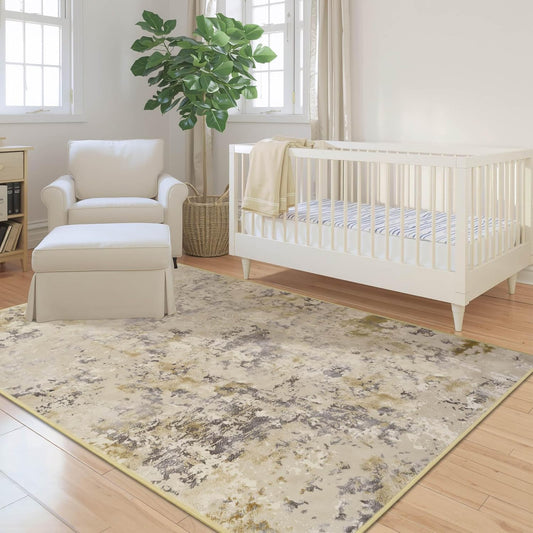 Nursery Rug for Baby Girl, 5x7 Beige Washable Rugs for Living Room Bedroom Dorm Non Slip, Stain Resistant Neutral Carpet Low Pile for Classroom, Dining Room, Kids Playroom