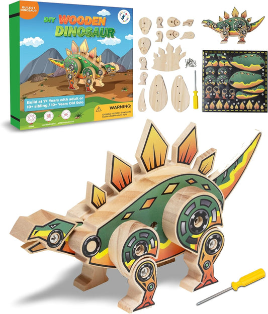 Little Jupiter DIY Wooden Kit with Stickers - Dinosaur Toys for Kids for 7-12 Yrs - Dinosaur Toy Woodworking Kits - Wood Crafts - Kids Building Kit - Wooden Crafts (Stegosaurus)