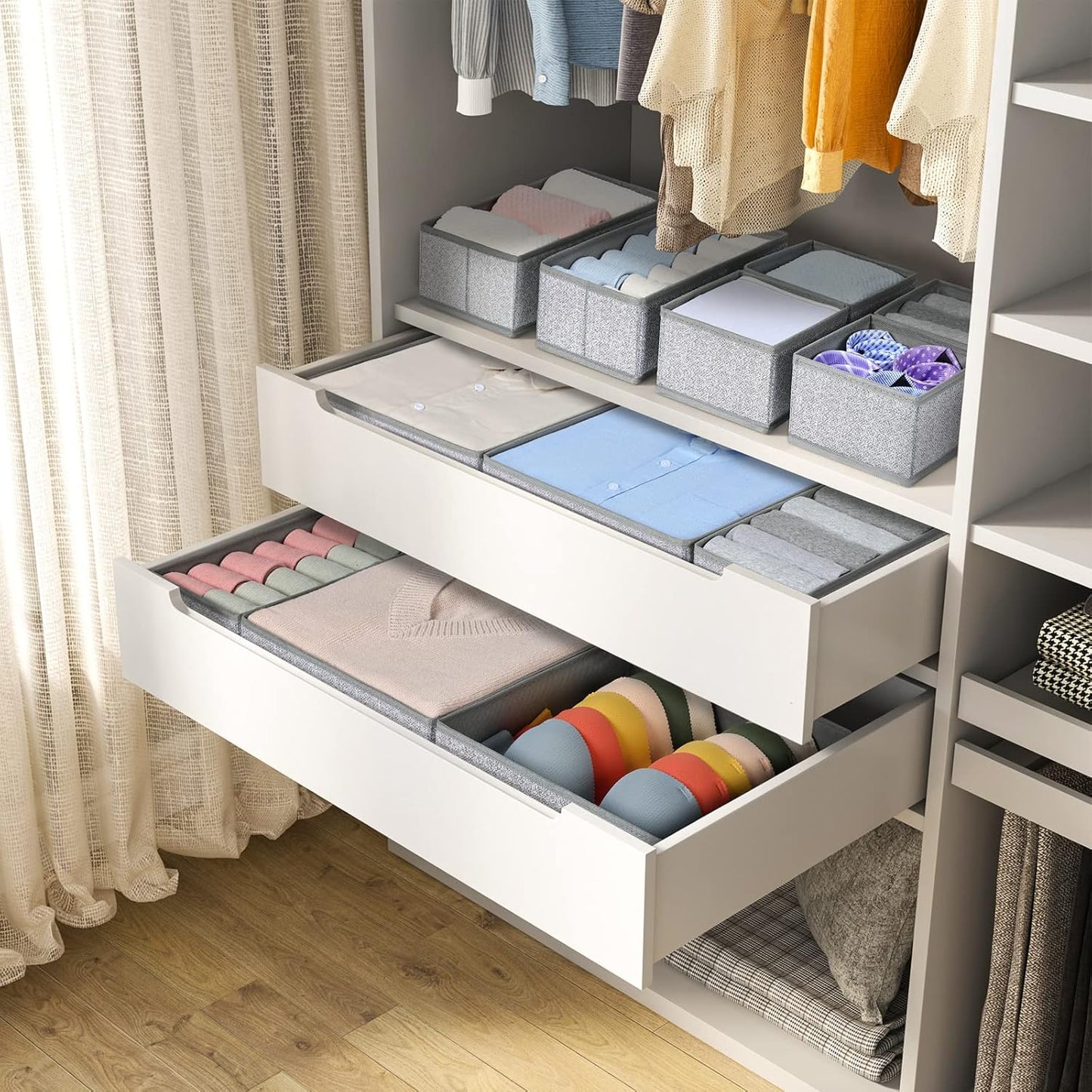 DIMJ Drawer Organizers - 12 Pack Foldable Closet & Sock Organizers, Fabric Dresser Drawer Dividers for Clothes, Underwear, Bras, Socks