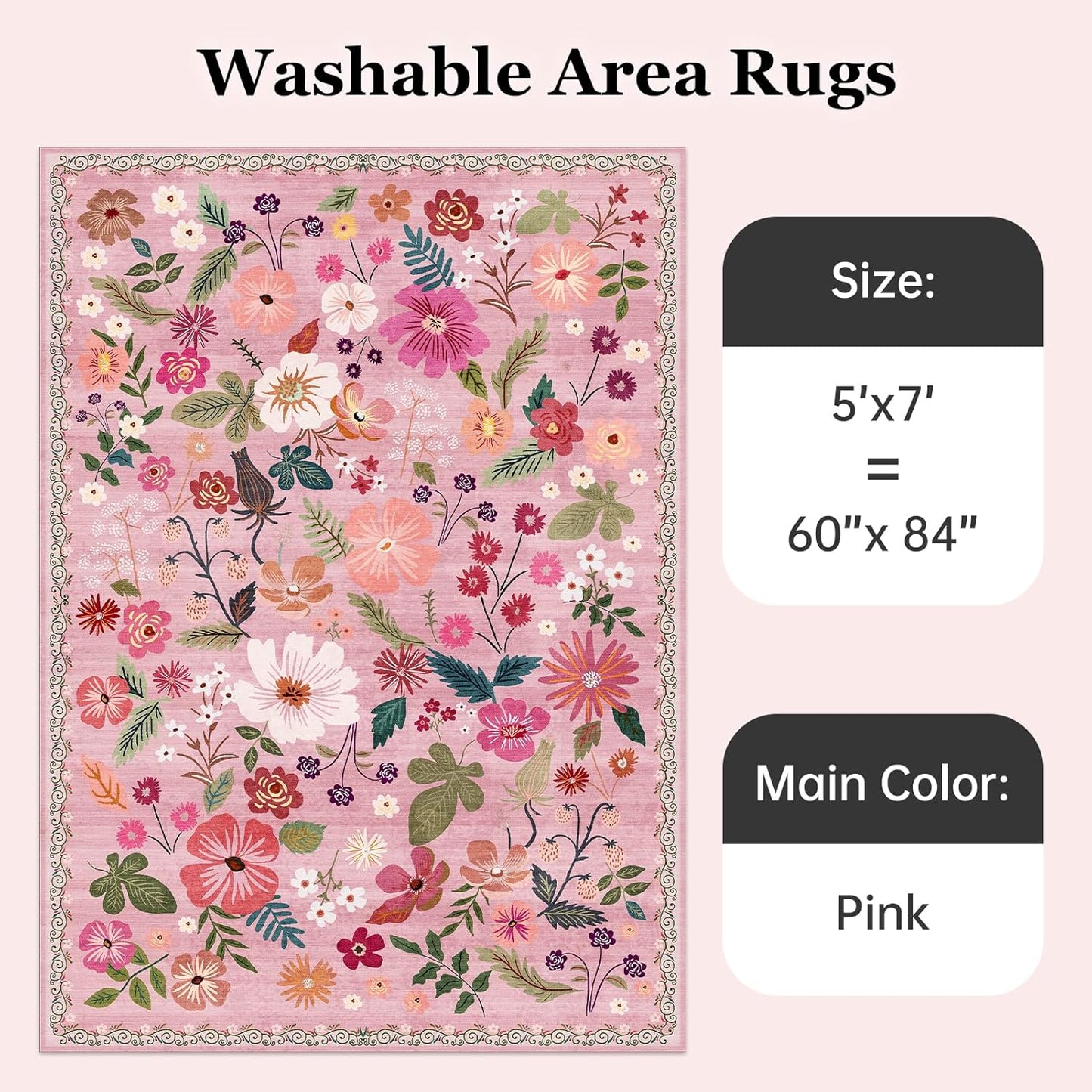 5x7 Area Rug for Nursery Girl Pink Floral Boho Cute Washable Soft Low Pile Non Slip Rugs Vintage Sound Absorbing Stain Resistant Big Carpet Rug for Bedroom Playroom Spring Living Room Dining Room