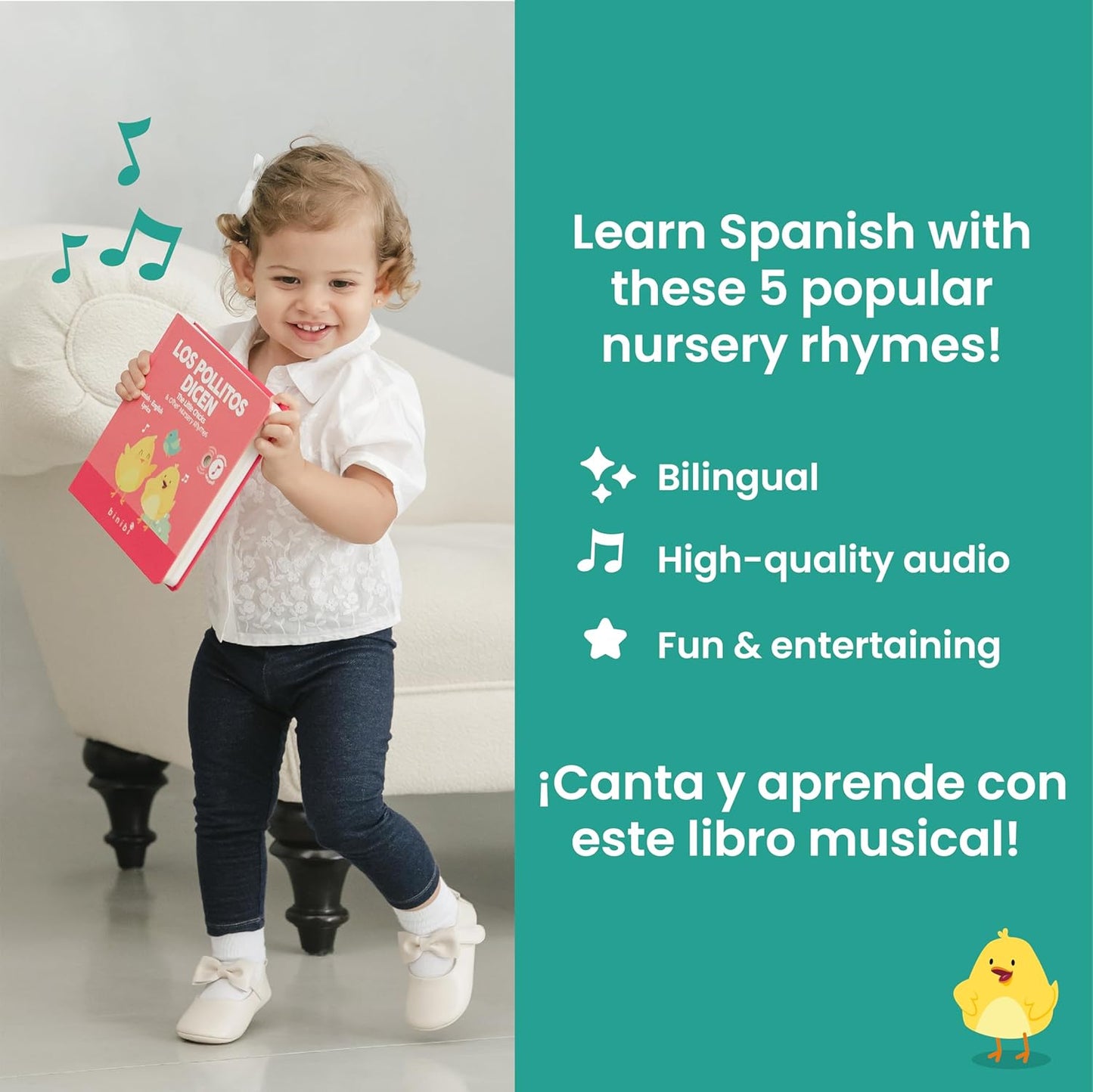 Binibi Spanish Musical Book for Babies & Toddlers 1-3 Los Pollitos Dicen & Other Nursery Rhymes | Spanish Learning for Kids | Bilingual Children's Book | Sound Book | Libro en español para bebés