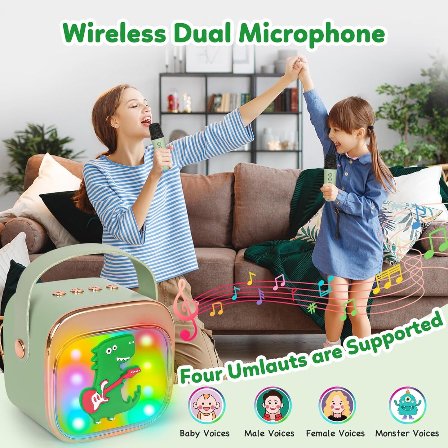 Dinosaur Karaoke Machine for Kids, Portable Mini Karaoke Machine with 2 Wireless Microphones, 4 5 6 7 8 9 10 Years Old Girl Boy Easter Christmas Birthday Gift Colorful Lighted Speaker Toys