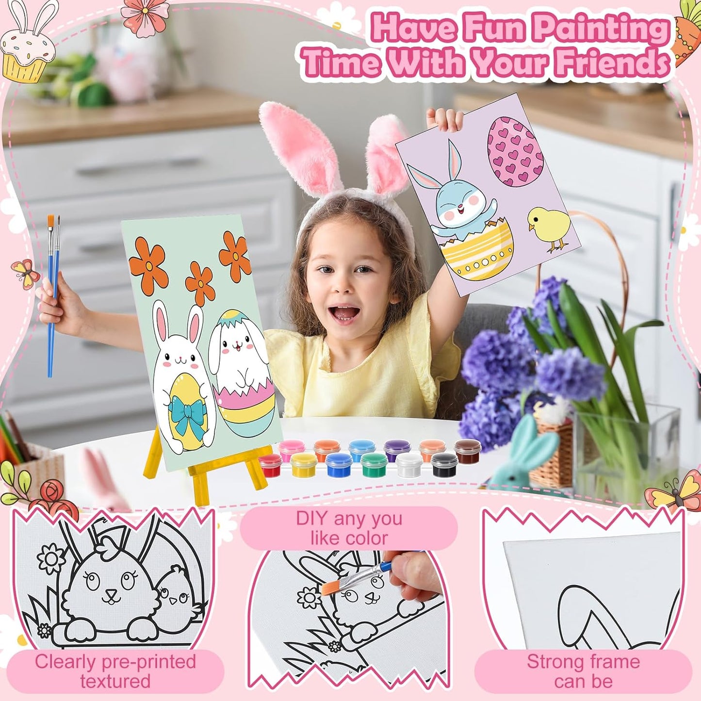 Blosssound 10 Set Pre Printed Canvas Pre Drawn Canvas Painting with Easel Kits 5" x 7" Outline Painting Panels for Beginners, DIY Craft Project, Party Favor, Home Decors(Bunny)