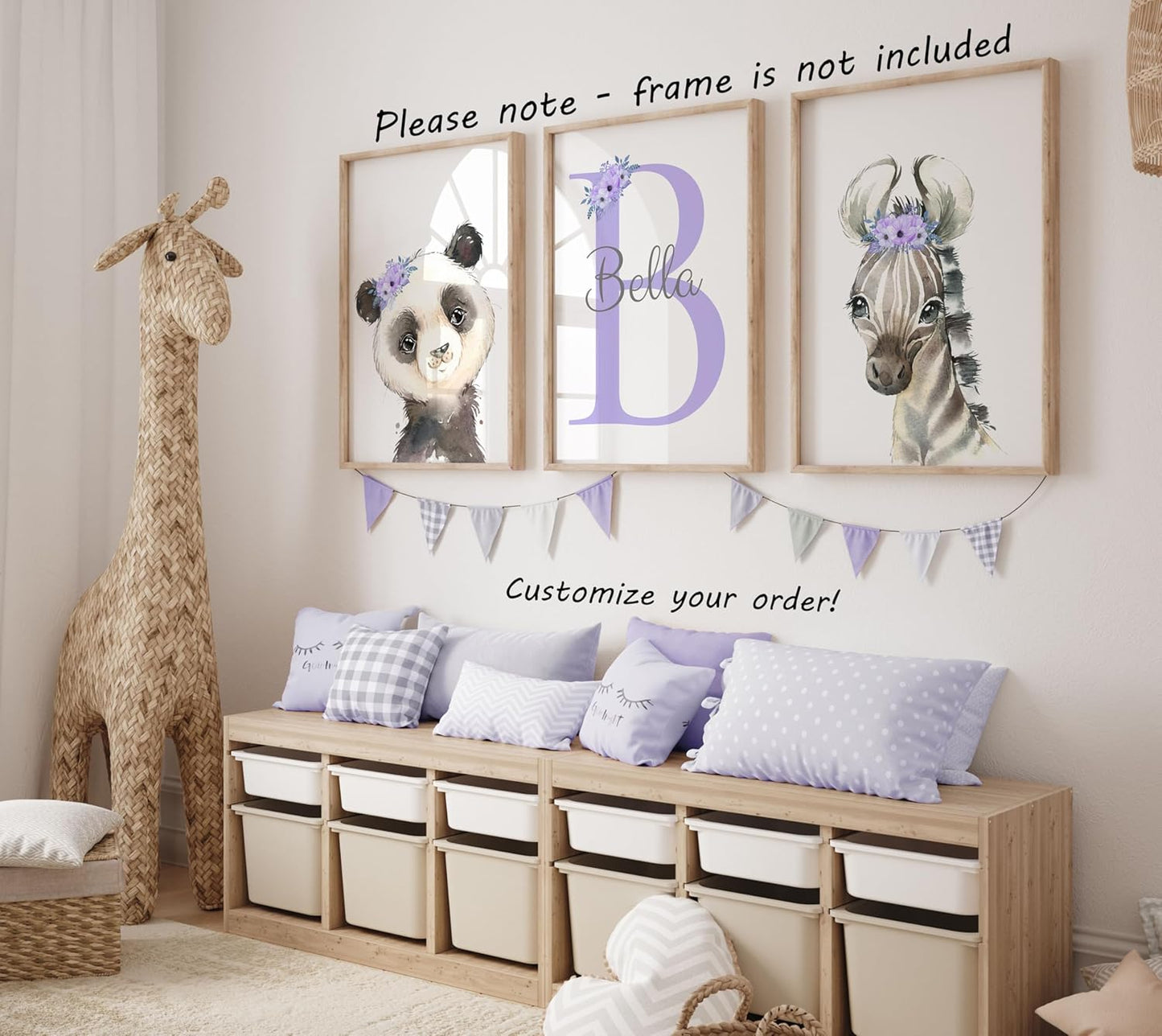 Personalized Safari Animals for Baby Girls Nursery, Set of 3 Unframed Poster Prints, Personalized Name Pink Lilac Floral, Girls Bedroom Decor, Elephant Giraffe (17x22)
