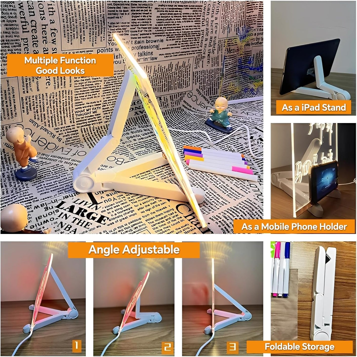 Led Drawing Board, Acrylic Dry Erase Board with Bracket, 15.7" X 11.8" Glow Writing Board, Led Note Board Comes with 7 Drawing Pens and 5 Cartoon Doodle Paper for Office School Home