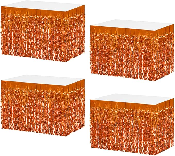 4P Wavy Metallic Tinsel Foil Fringe Table Skirts for Rectangle Tables Backdrop Garland Curtains for Parade Floats Wedding Birthday Parties Decoration Graduation 2025 Christmas (Orange)