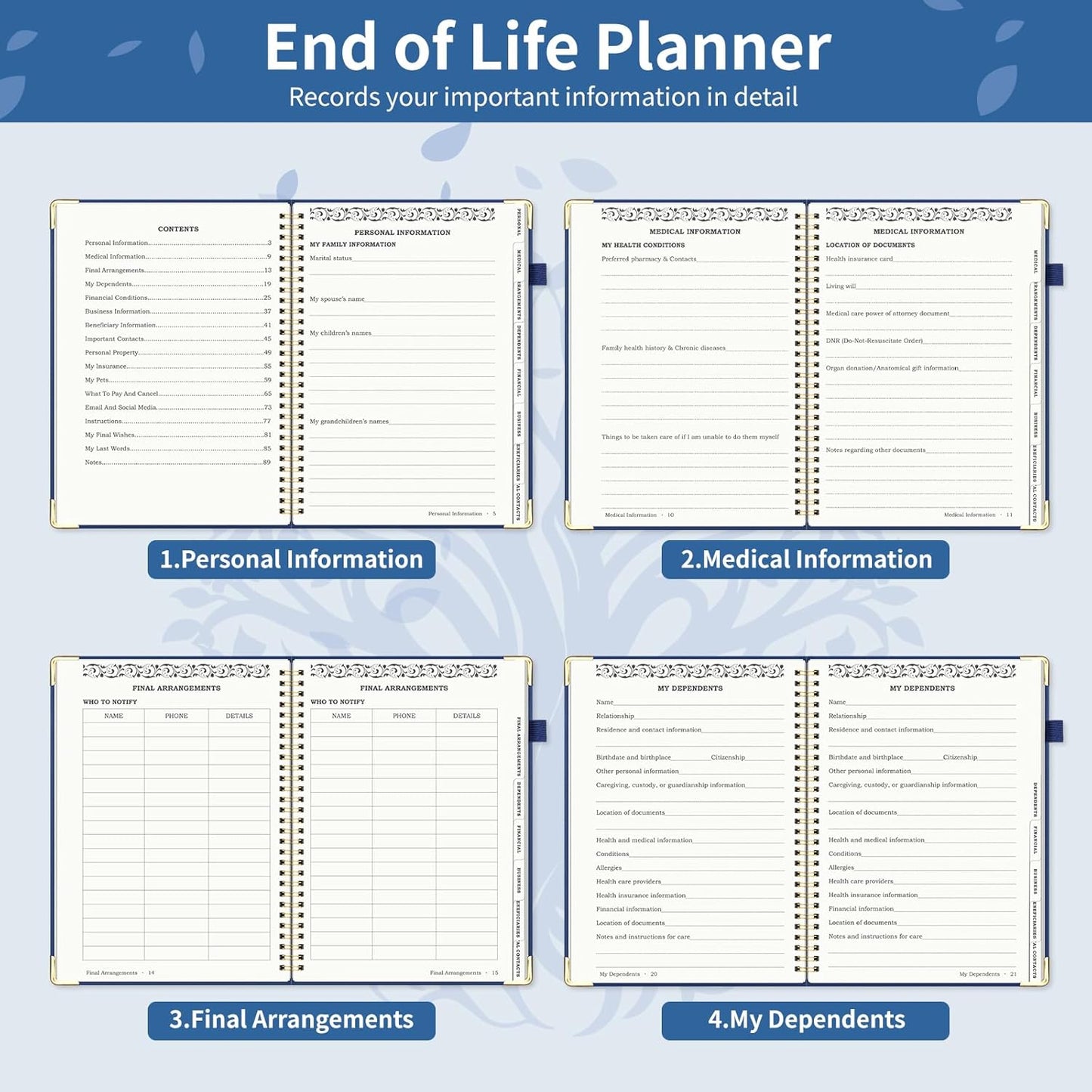 End of Life Planner, Spiral Estate Planning Organizer with Tabs for Senior, I'm Dead Now What Planner for Final Arrangements & Important Affairs with Large Print, 7.9"x10.4", Blue