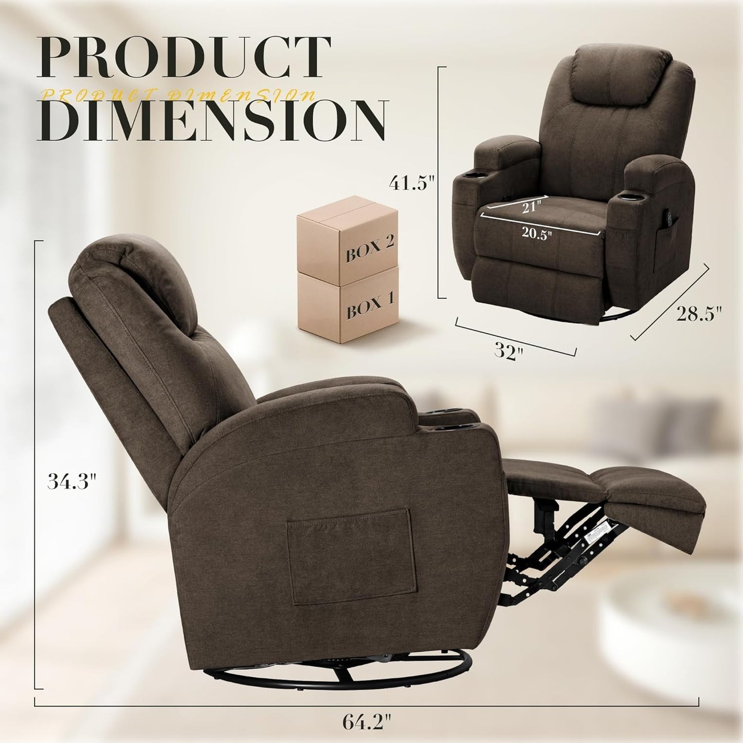 Recliner Chair, 360° Swivel Rocker Chair for Adults, Rocking Recliner Chair with Massage, Comfy Single Sofa with Side Pockets Cup Holders for Living Room, Bedroom, Nursery (Fabric, Brown)
