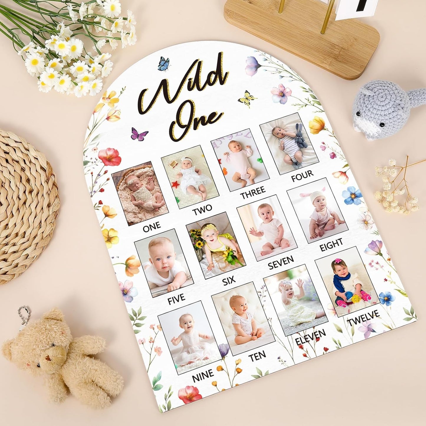 Wildflower First Year Photo Board Wild Flower Birthday Party Wooden Board Decorations 12 Monthly Milestone Picture Frame Wild One 1st Birthday Photo Banner for Baby Girls Keepsake Gift Supply 2x2.8In
