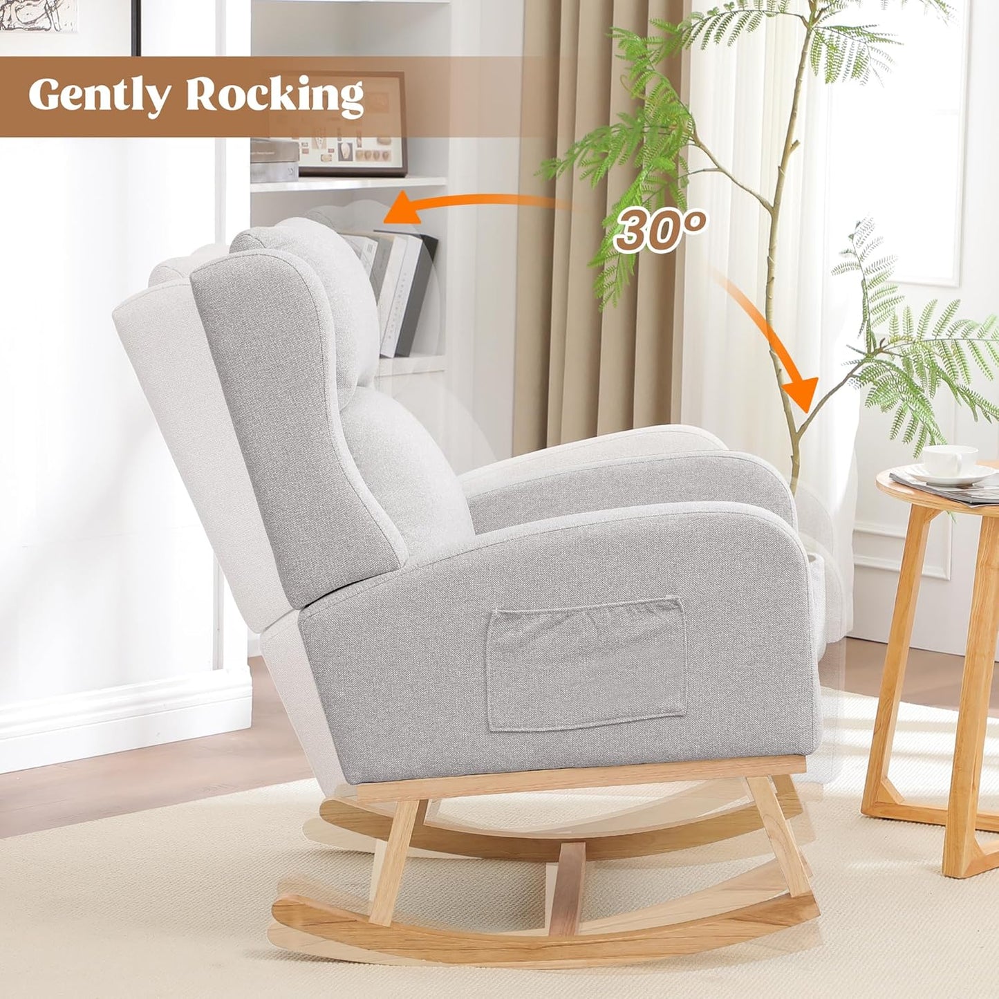 Rocking Chair Nursery, Nursing Rocking Chairs for Mom Nursery, Comfy Wingback Glider Rocking Armchair with Side Pocket for Nursery Living Room Bedroom, Light Grey