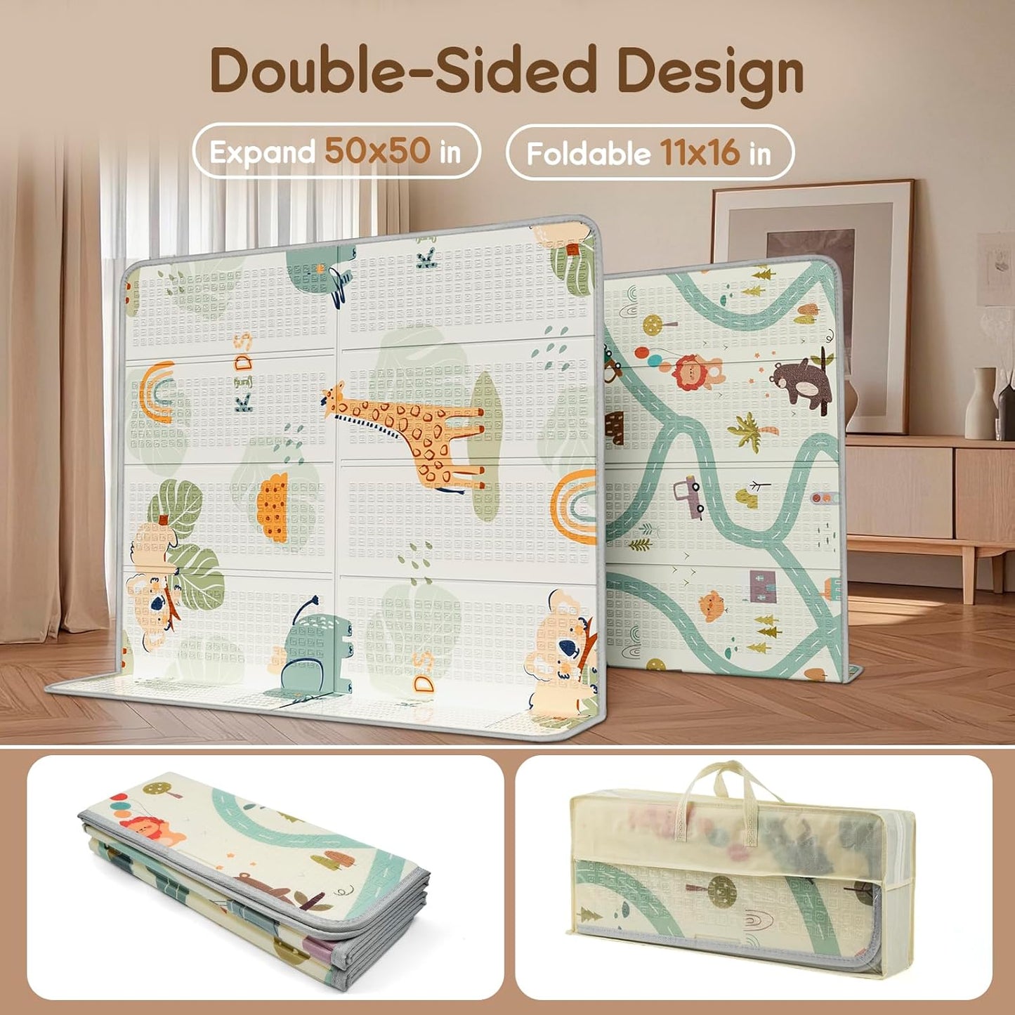 Foldable Baby Play Mat, PIGLOG 50x50 Playpen Mat, Waterproof Playmats for Babies and Toddlers Kids, Safe Foam Playmat for Tummy Time, Reversible Portable Baby Floor Mat for Infant, Giraffe + Elephant