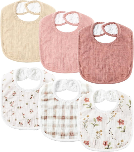 6-Pack Muslin Baby Bibs for Unisex Boys Girls, Cotton Baby Drool Bibs, Drooling and Teething Bibs for Infant