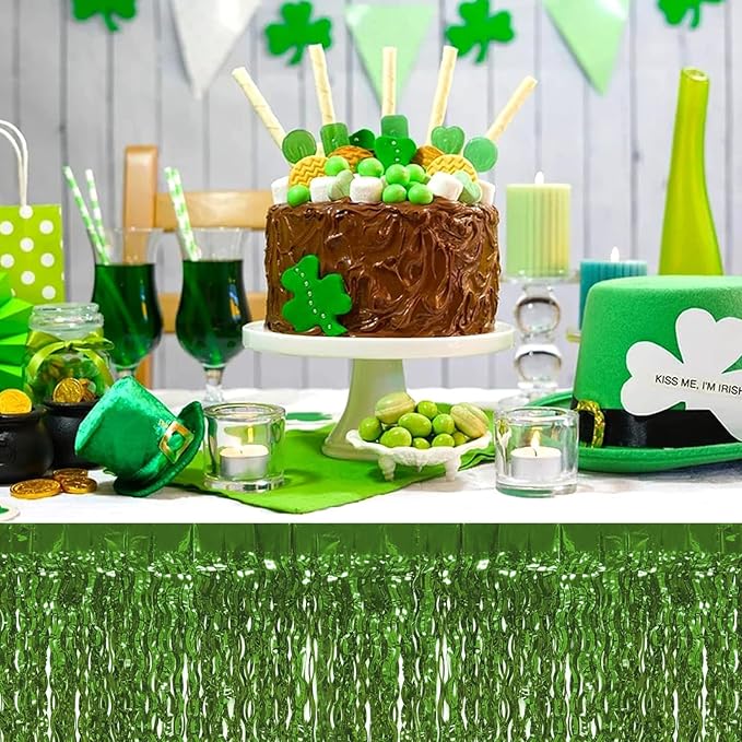 4P Wavy Metallic Tinsel Foil Fringe Table Skirts for Rectangle Tables Backdrop Garland Curtains for Parade Floats Wedding Birthday Parties Decoration Graduation 2025 Christmas (Light Green)