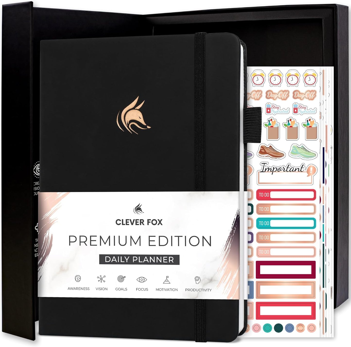 Clever Fox Planner Daily Premium – Undated Daily Planner with Hourly Schedule, Personal Organizer, Productivity Journal, 6 Months (Black)
