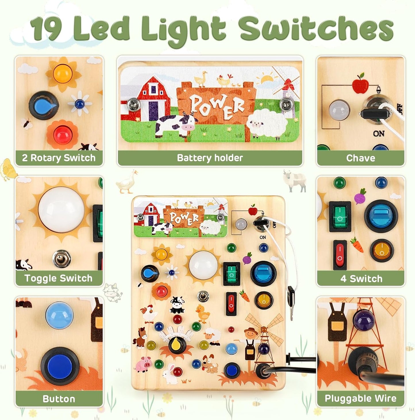 Joyreal Montessori Busy Board Wooden Sensory Toys for Toddler with LED Light Up Switch, Baby Fidget Board Travel Toys for 18+ Months, 1 2 3 Year Old Boys Girls Toddler Toy Gifts (Farm)