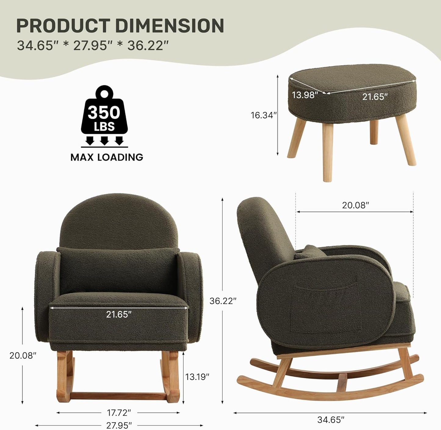 Rocking Chair with Ottoman, Upholstered Nursery Glider Rocker with High Backrest and Side Pocket, Teddy Rocking Accent Armchair with Solid Wood Legs for Nursery, Living Room, Bedroom Green