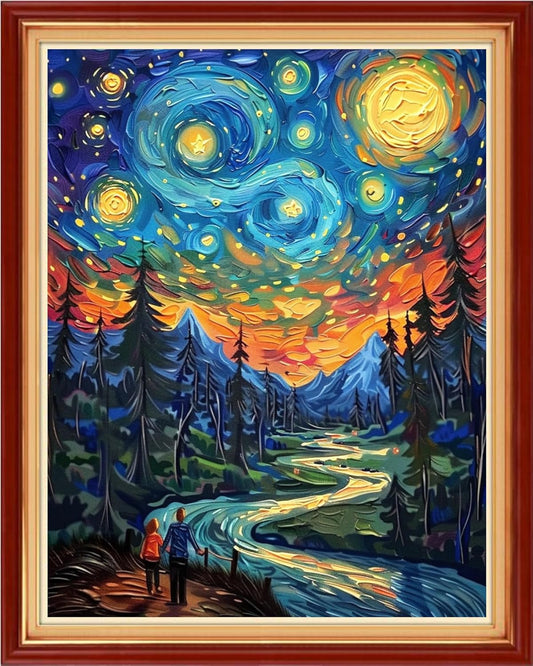 Stamped Cross Stitch Kits - Beach Night Landscape Counted Cross Stitch Kits for Beginners Adults Needlepoint Cross-Stitch Patterns-Van Gogh Night Sky Couple 16x20 inchs