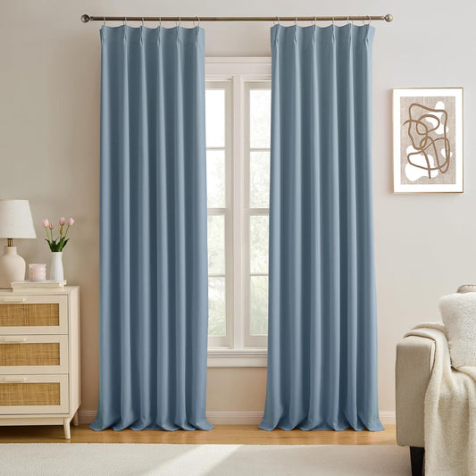 KEQIAOSUOCAI 92 Inch Boys Pleated Curtains,Pinch Pletaed with Hooks,Thermal Insulated Room Darkening Home Decor Curtain Planels for Bedroom Living Room (Dusty Slate Blue, 2 Panels, 40 Each Wide)