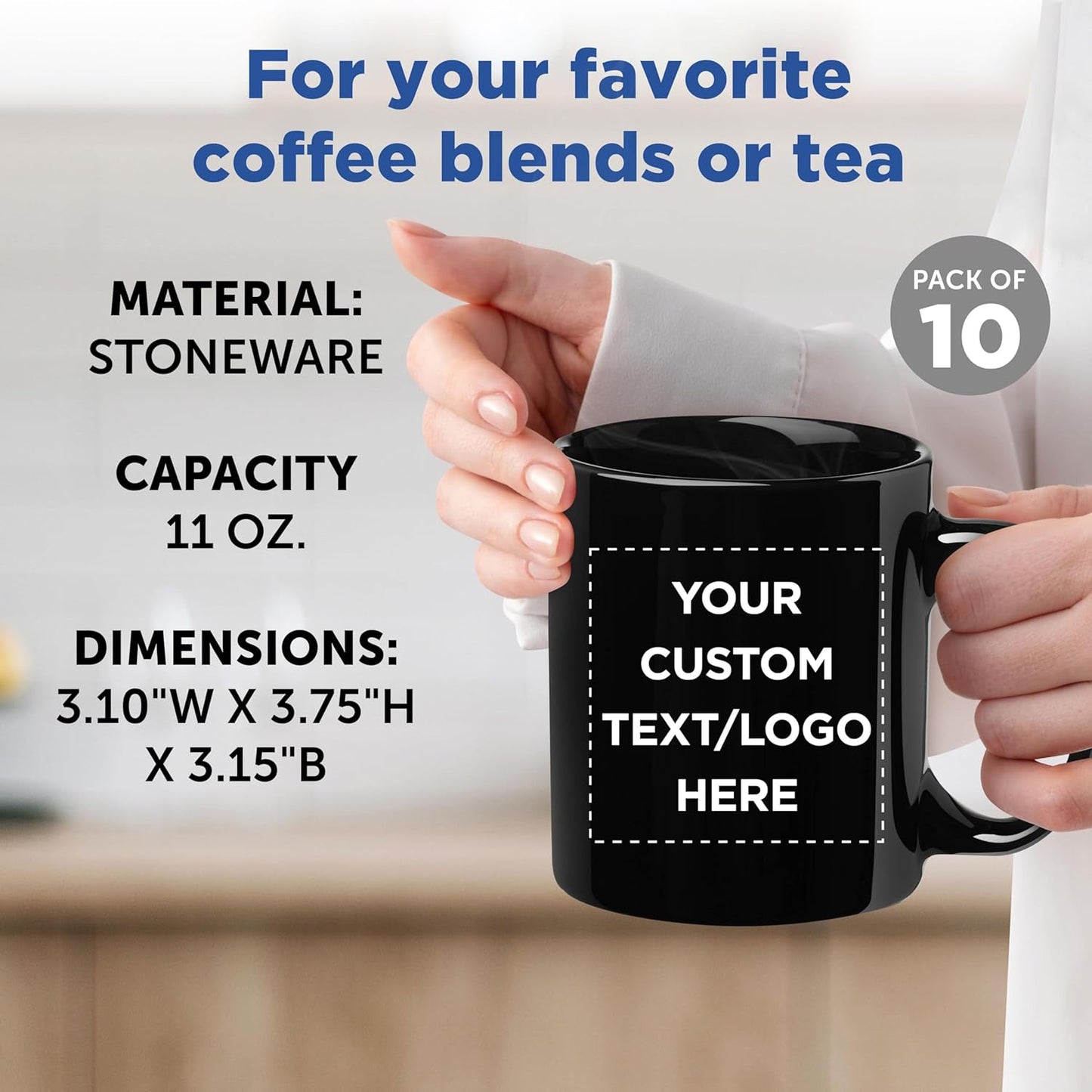 Custom Ceramic Coffee Mugs 11 oz. Set of 10, Personalized Bulk Pack - Coffee cup set, Iced coffee cup, Gaming mug - Black