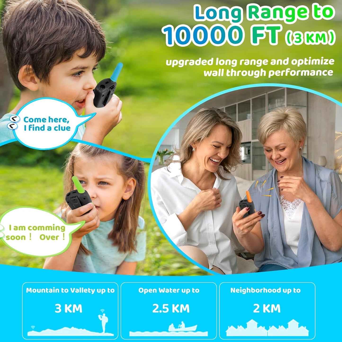 Vvinca Walkie Talkies for Kids Rechargeable 3 Pack, Toys for Boys Girls Age 3-13 Ourdoor Camping Birthday Gift, 3KM Long Range Walkie-Talkie 2 Way Radios 22 CH VOX with Li-ion Battery Flashlight