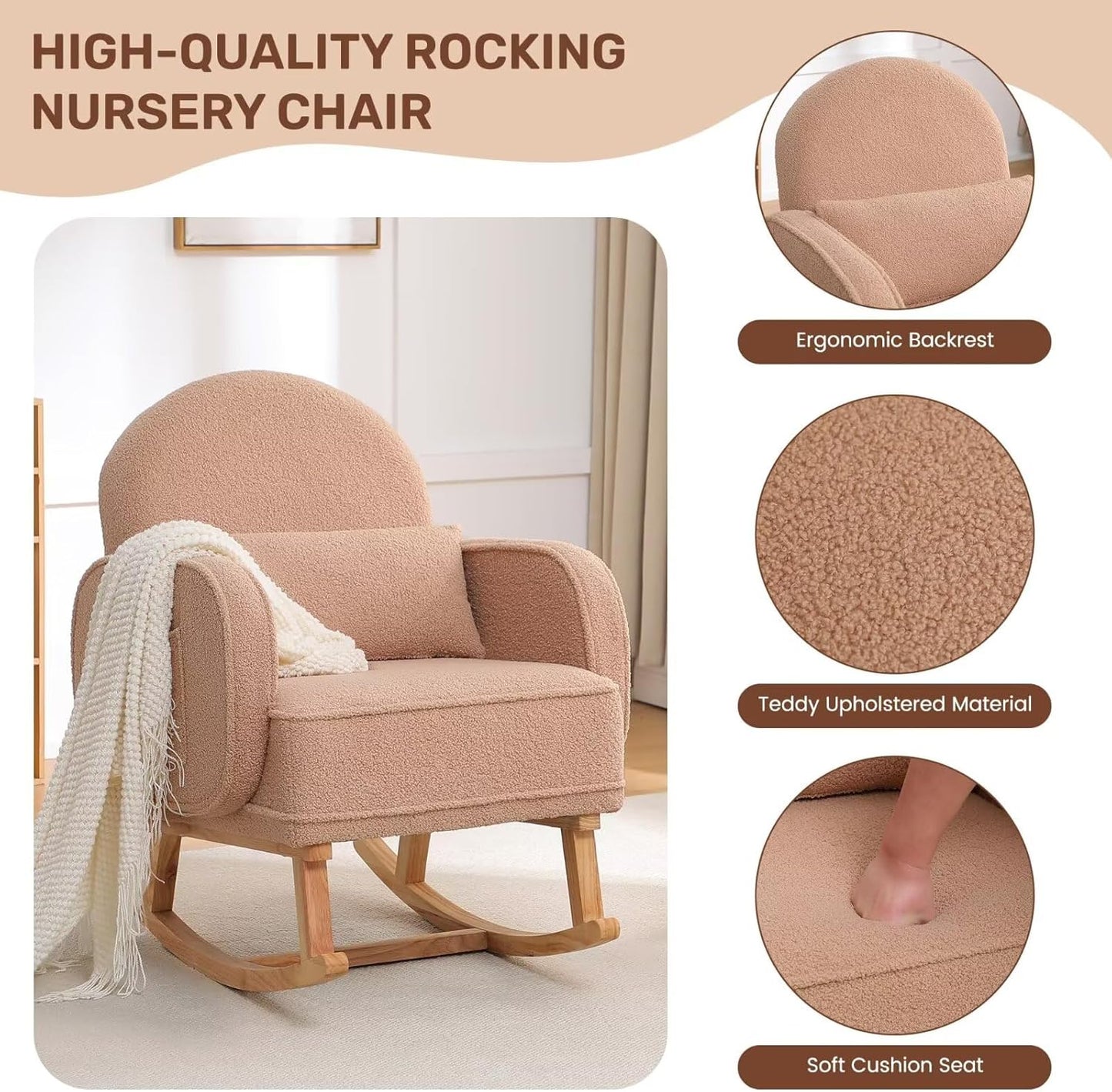Rocking Chair Nursery with Ottoman, Upholstered Glider Rocker with High Backrest and Side Pocket, Rocking Accent Armchair with Solid Wood Legs for Nursery, Living Room, Bedroom Coffee