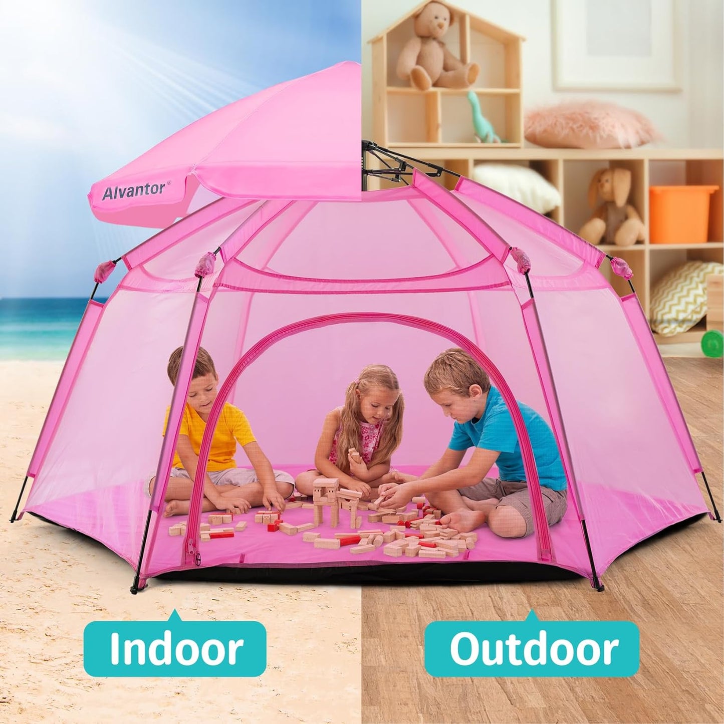 Alvantor Pop Up Playpen- 7'x7'x44”Baby Playpens Large Kids Play Tent Portable and Foldable Playpen Indoor/Outdoor Play Yard with Protective Mesh, UV SPF 50+ Sunshade, and Soft Foam Floor, Pink