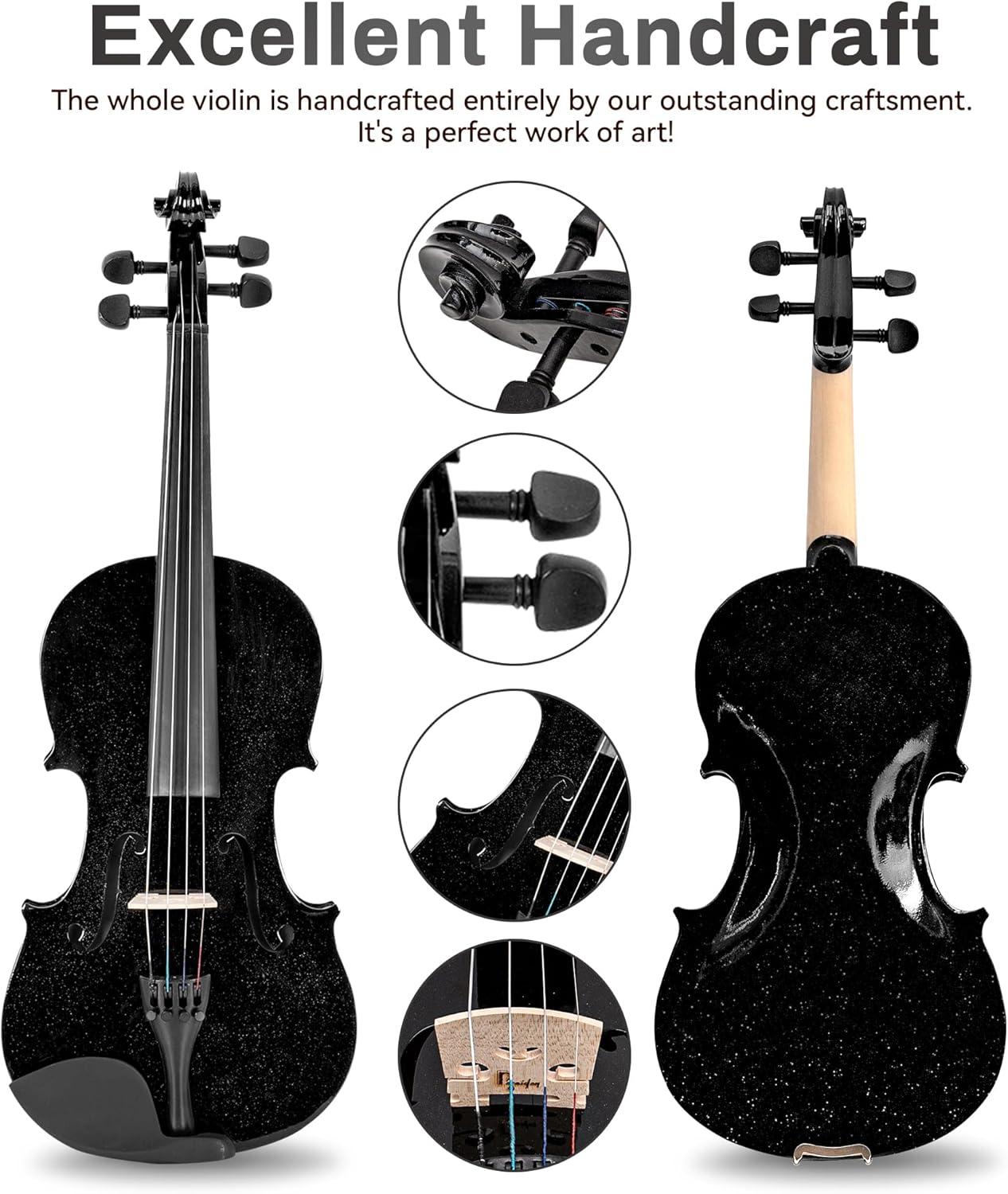 Black Violin for Beginners, Violin 1/2 Size for Kids, Premium Solid Wood Violin Shoulder Rest 4/4 Full Size, W/Hard Case, Violin Bows, Violin Rosins, Horse Bridges, Clip-on Tuner, Manual Instruction