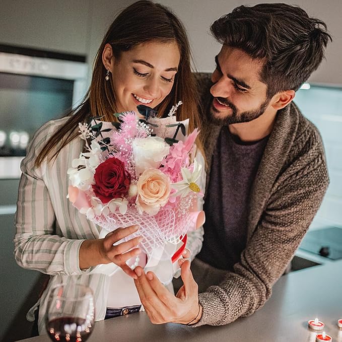 Preserved Flowers Bouquet Romantic Valentines Day Gift for Her LED Light 3 Preserved Real Rose for Delivery Christmas Mothers Day Birthday Gifts for Women Mother Wife Girlfriend (Pink)