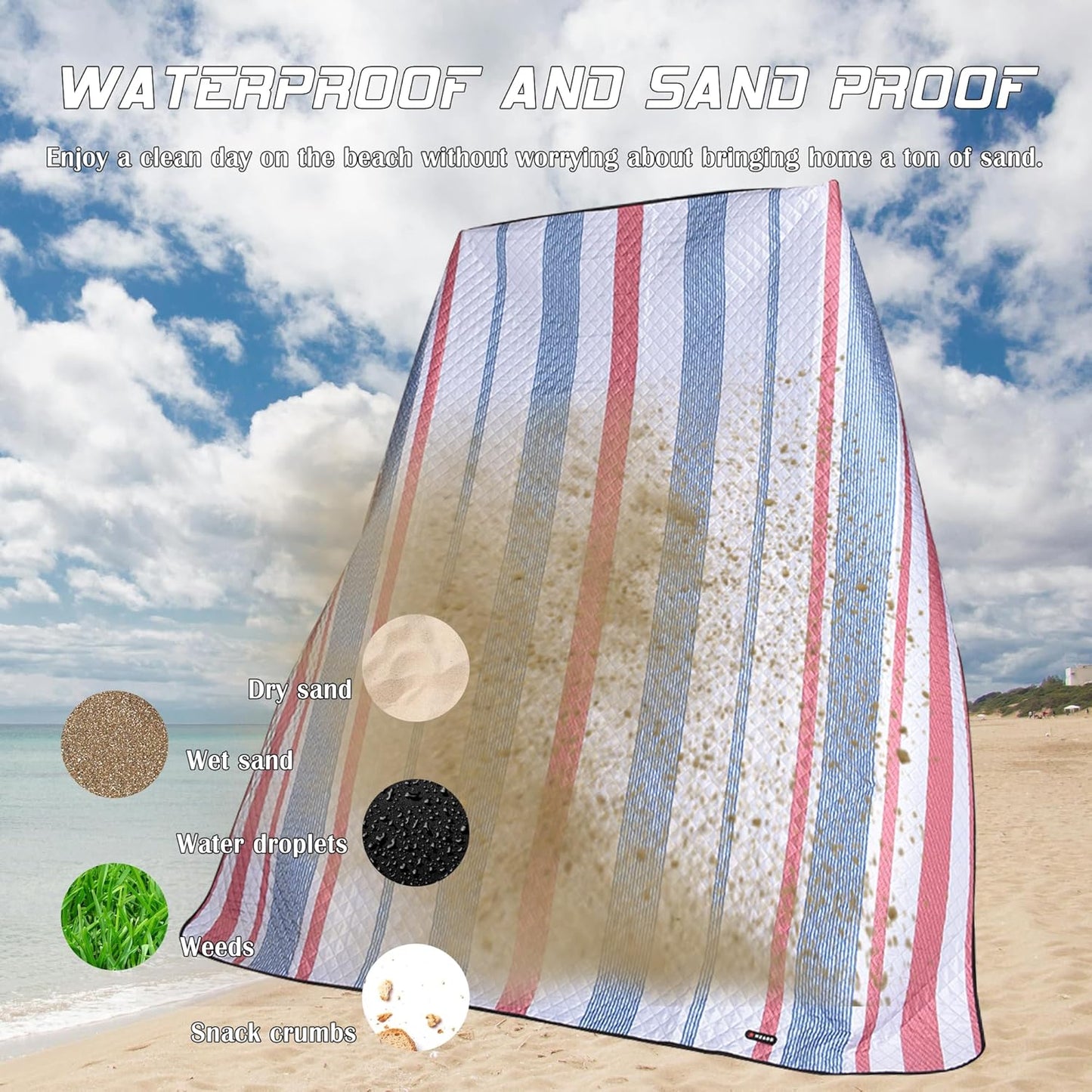 Waterproof Picnic Mat, Outdoor Camping Oversized Field Blanket. Portable Thickened Camping Blanket, Suitable for Beach, Camping, Music Festival, Party, Outdoor Adventure. (Red&Blue&White, 80”x60”)