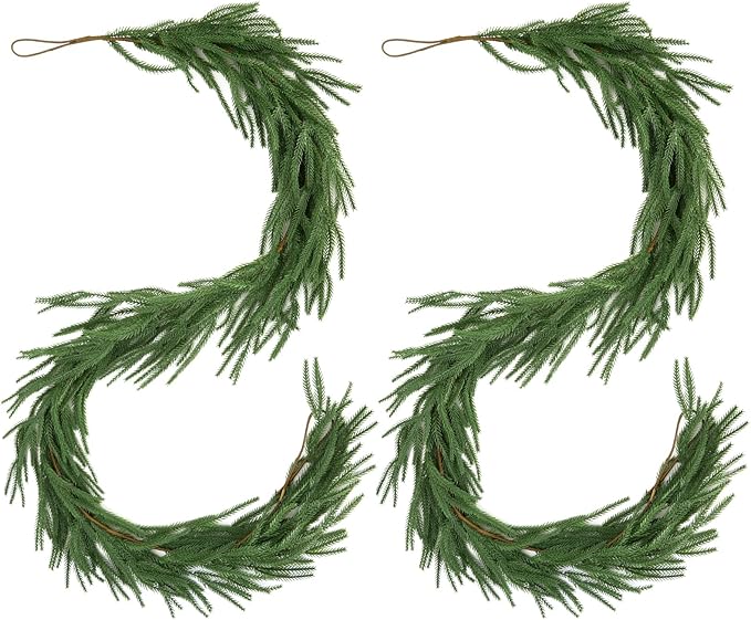 12FT（2 * 6FT）Norfolk Pine Garlands, Christmas Cedar Garland, Real Touch Faux Green Garlands, Winter Artificial Greenery Garland for Mantle, Stairs, Table, Fireplace, Indoor & Outdoor Xmas Decorations