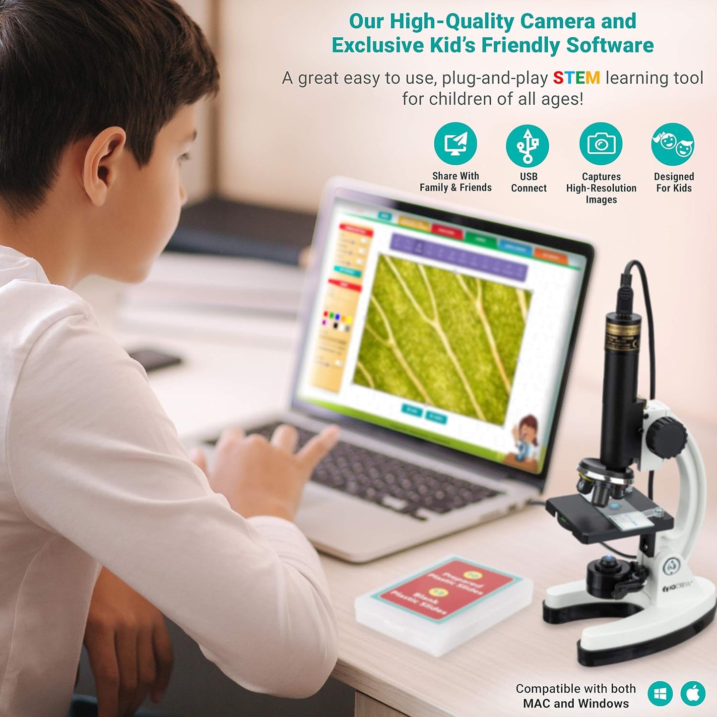 AmScope - M40-K-MDM35 IQCREW by 120X – 1200X Kid’s 85+ Piece Premium Microscope STEM Kit with Color Camera, Interactive Kid’s Friendly Software, Prepared and Blank Slides and More