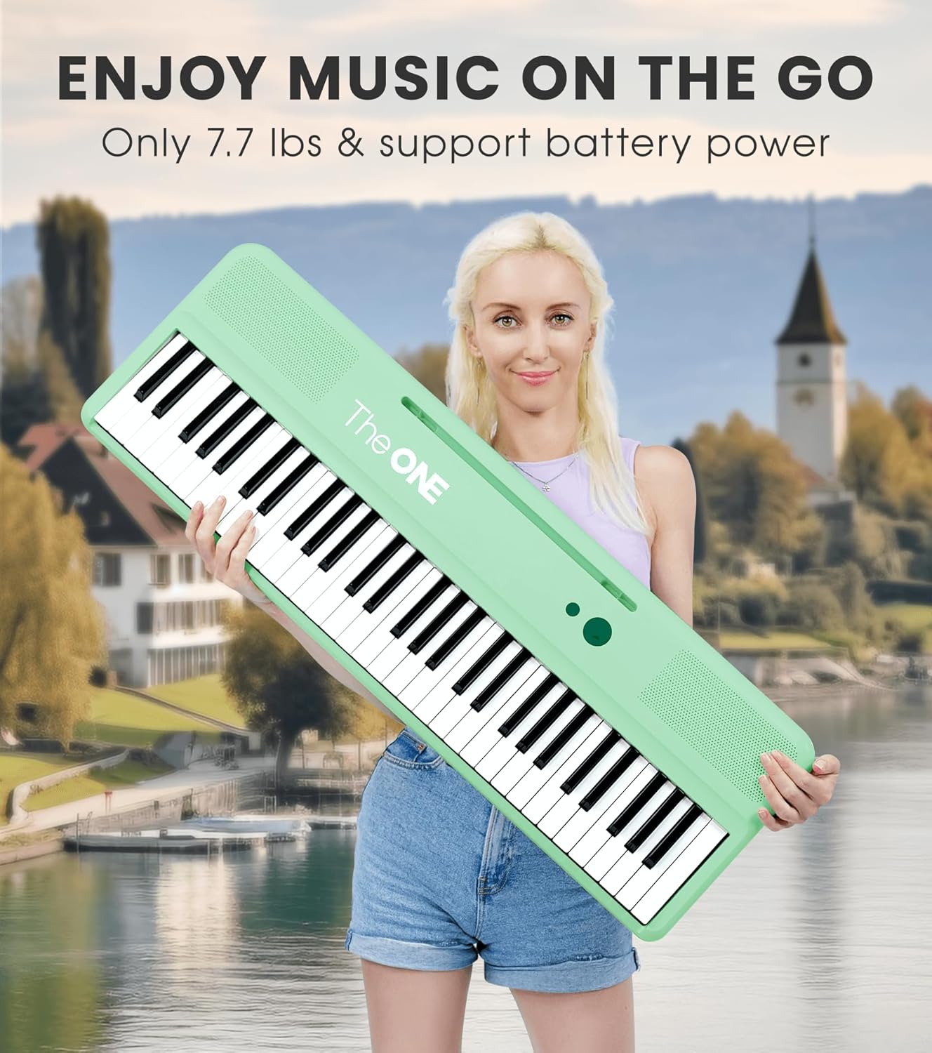 The ONE Smart Keyboard COLOR 61 Lighted Keys Piano Keyboard, MIDI Electric Piano for Beginners with 256 Tones, 64 Polyphony, Built-in LED Lights and Free Apps (Green)