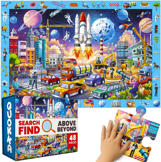 QUOKKA Floor Puzzles for Kids Ages 4-8 – 2x3 FT Giant Search and Find Educational Jigsaw – 48 Large Pieces – Above and Beyond Observational Scene – Fun Montessori Learning Activity with Gift Box