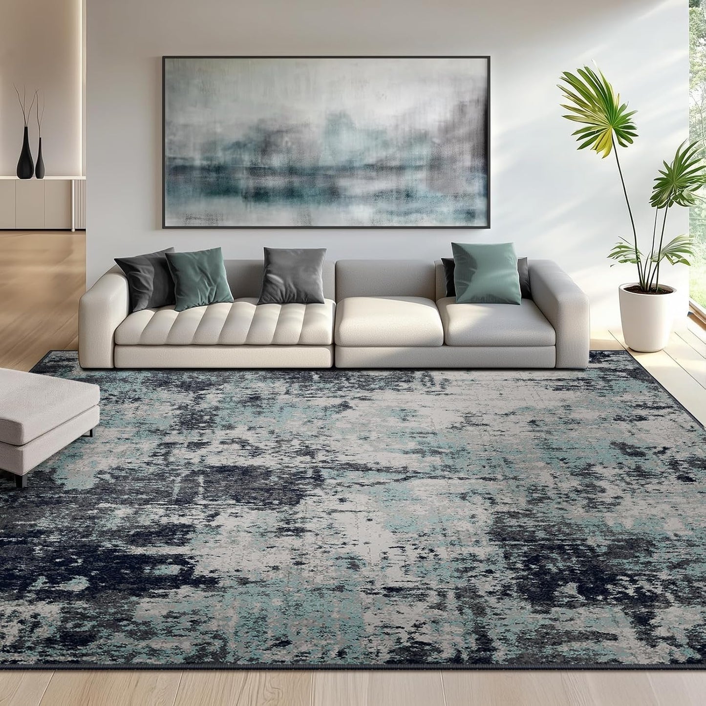 Washable Area Rugs 5'x7' Non-Slip Modern Abstract Soft for Living Room Entryway Bedroom Nursery, Print Pattern, Blue Black Teal
