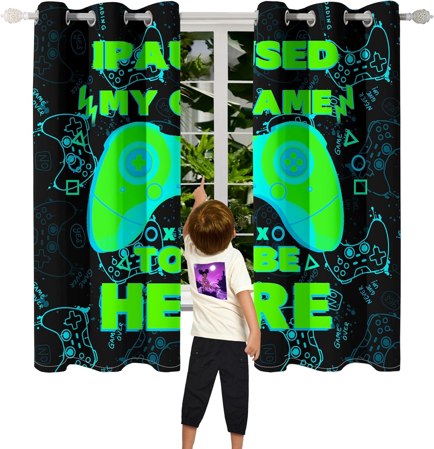 Gaming Curtain for Boys - 2Pcs Gamer Curtain Panels for Boys Bedroom Blackout Drapes Modern Games Patterns Windows Curtains Green Game Room Decor Grommet Top Thermal Insulated Curtains, 82" x 63"