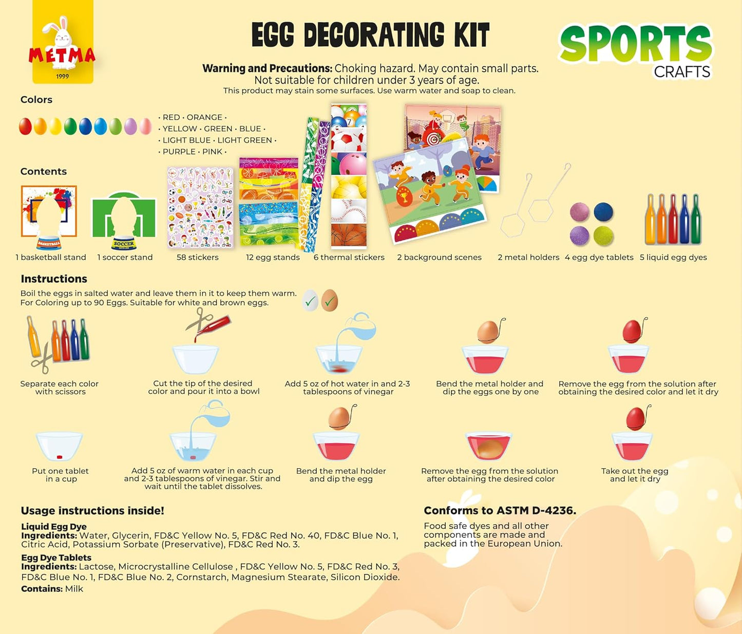 METMA 1999 Egg Decorating Sports Crafts - Complete Decorative Eggs Set with Liquid Dyes, Tablets, Stickers, Egg Spinner and More - Fun Easter Egg Dye Kit Arts and Crafts for Kids(Sports)