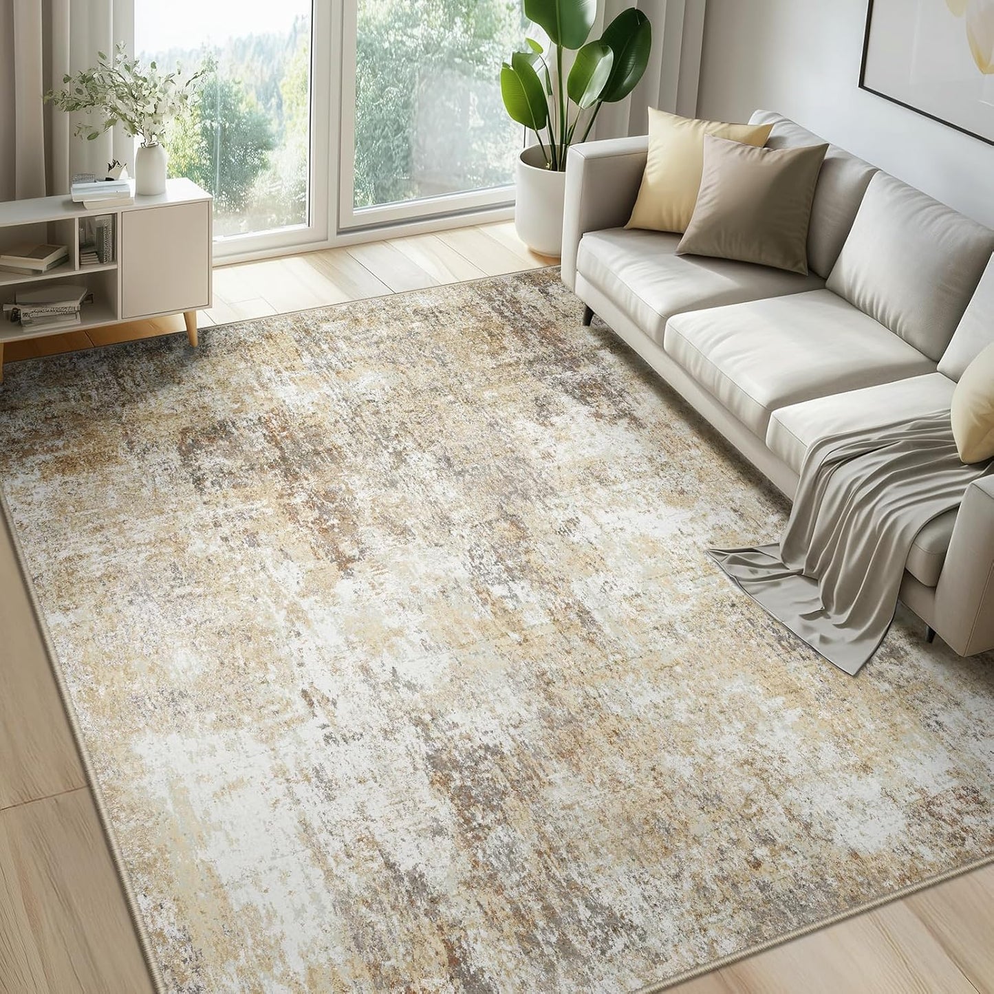 Washable Area Rugs 5'x7' Non-Slip Modern Abstract Soft for Living Room Entryway Bedroom Nursery, Print Pattern, Neutral Brown Gray