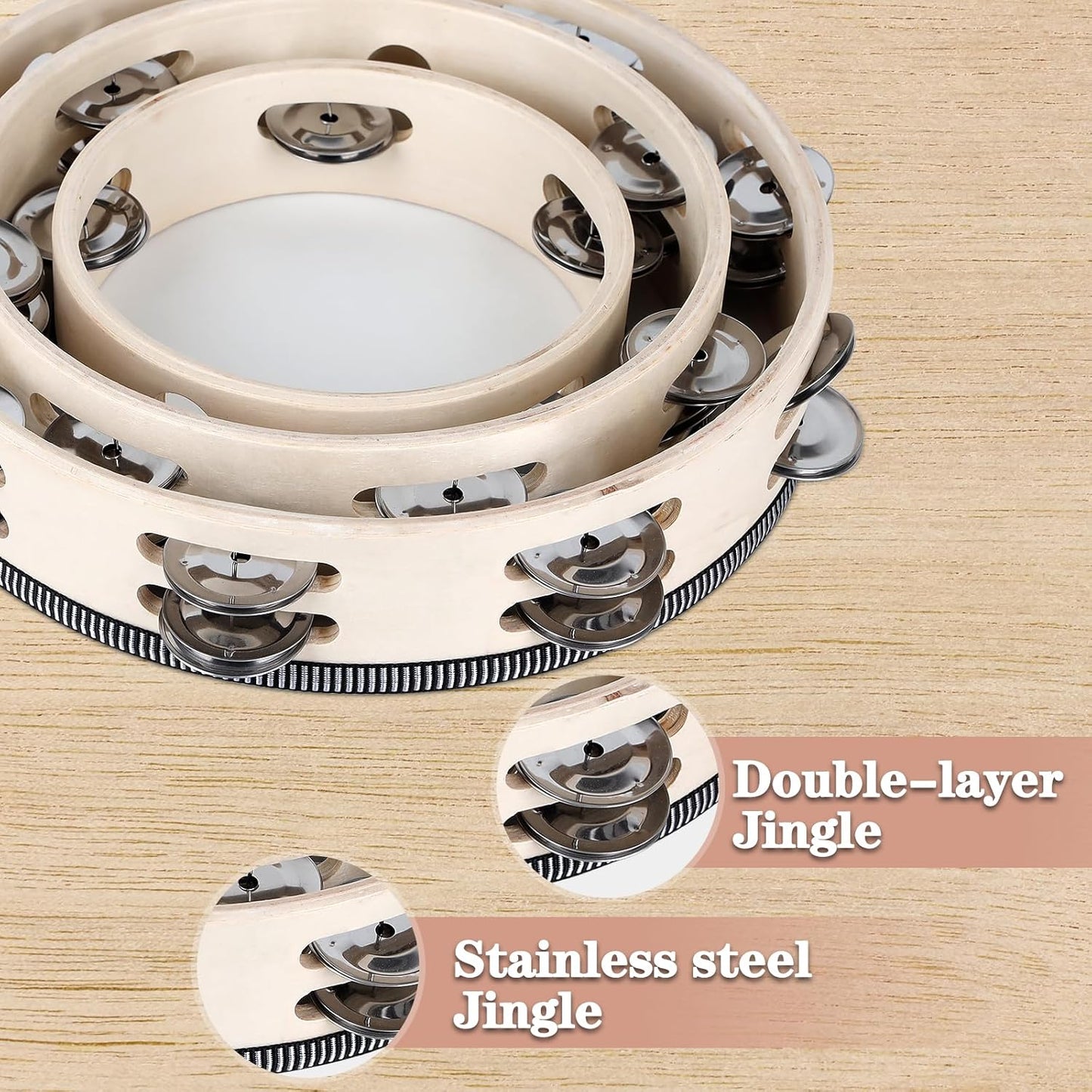 Wooden Hand Held Percussion Tambourine with Storage Bag - 6+8+10 Inches, Ideal for Church, Wedding, Party, Dance, Photo Shoot