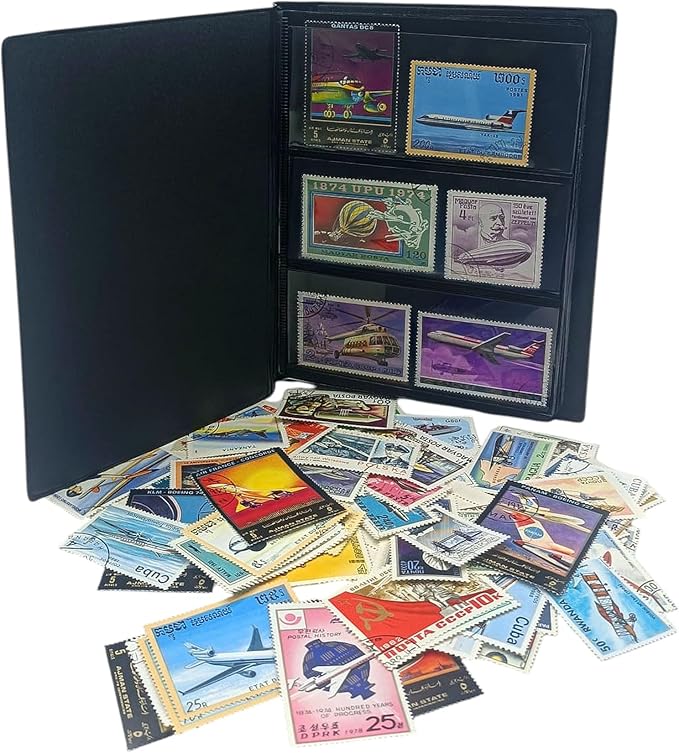 IMPACTO COLECCIONABLES – 100 Airplane-Themed Stamps Collection with Included Album (5.5 x 7 x 0.4 in) | Enhance your philatelic collection with postmarked stamps in a compact and elegant album