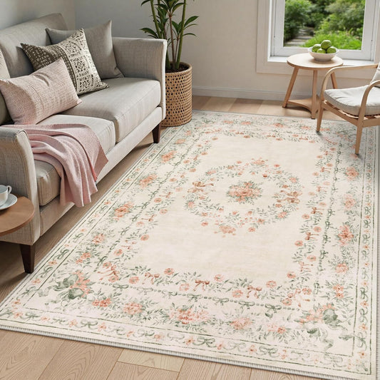 Wonnitar Floral Bow Washable Area Rug 5x7, Ultra-Thin Beige Rugs for Bedroom, Boho Non Shedding Neutral Soft Carpet for Nursey Kids Room Dorm Living Room, Beige