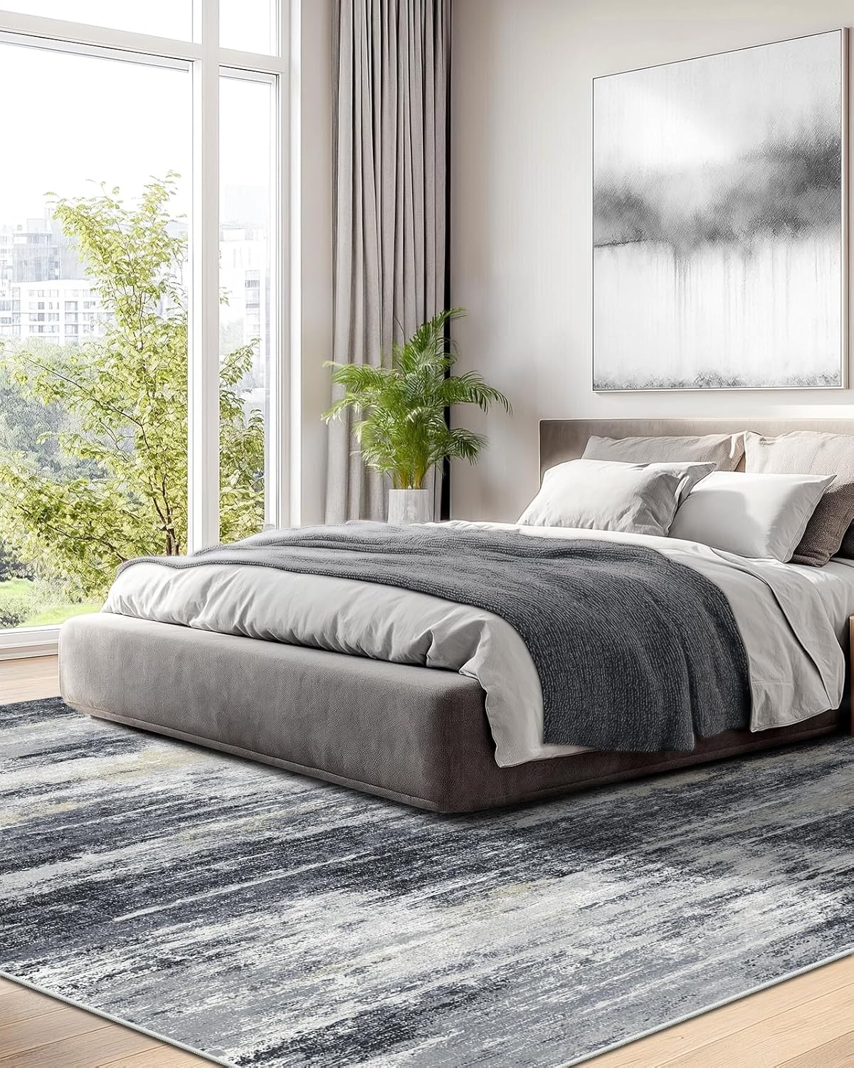 Amada 9x12 Large Area Rug, Modern Abstract Living Room Rug with Non-Slip Backing & Short Pile, Washable Rug with Abstract Pattern for Living Room, Bedroom and Dinning Room, Light Grey