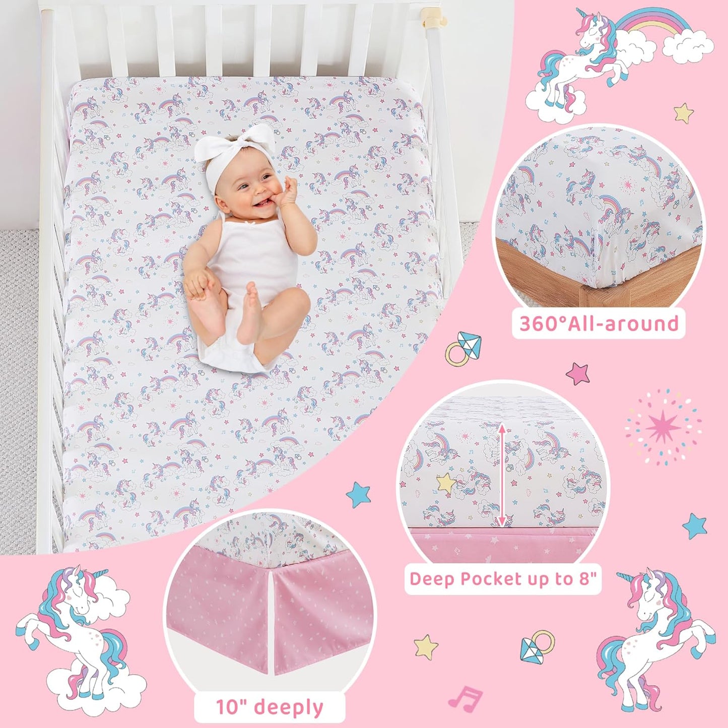 Viviland 3 Pieces Baby Bedding Set for Boy Girls, Baby Bedding Set for Newborn, Infant & Toddler - Unicorn