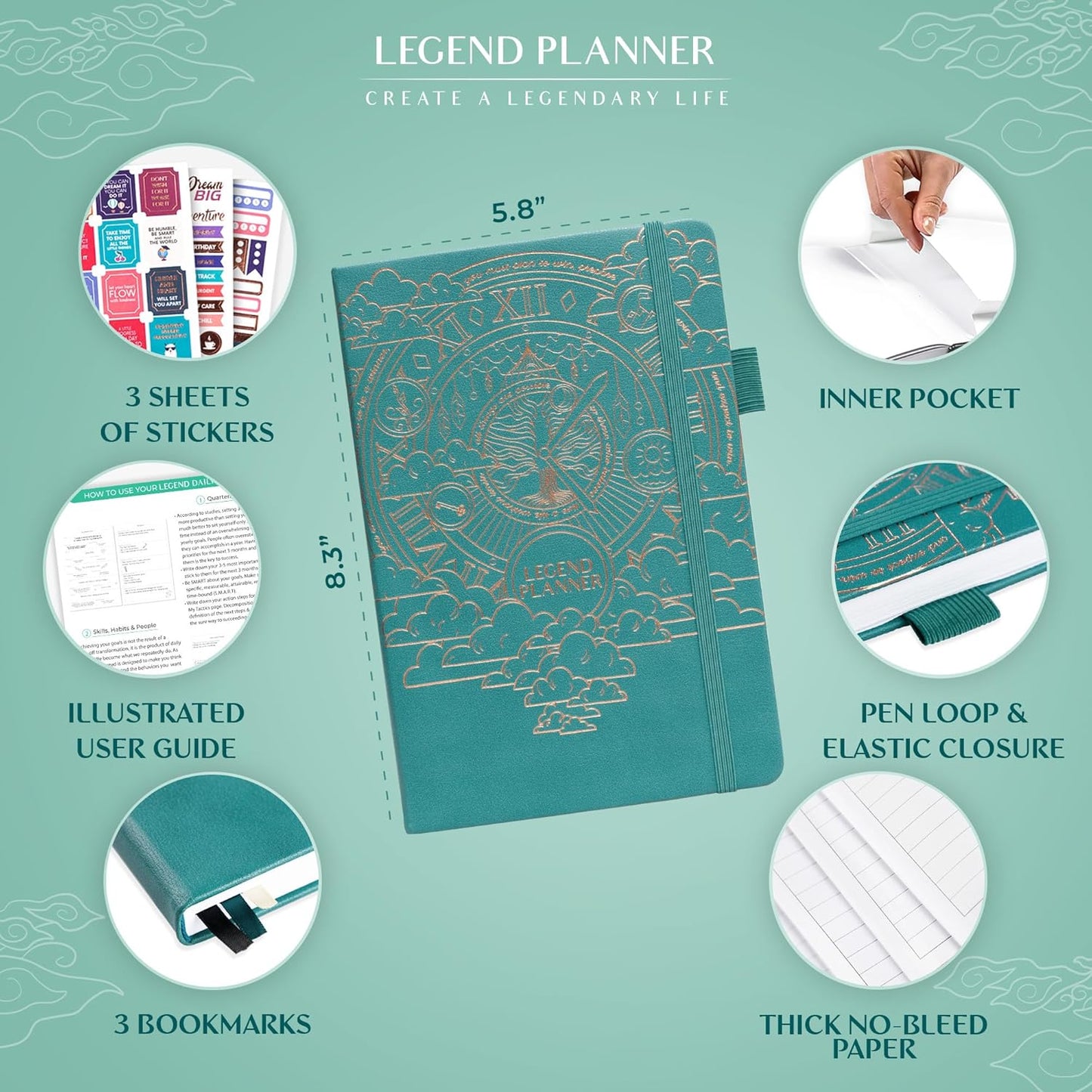 Legend Planner Daily for 3 Months – Undated Monthly Weekly & Daily Planner to Hit Goals. Organizer & Productivity Journal, A5 (Viridian Green)