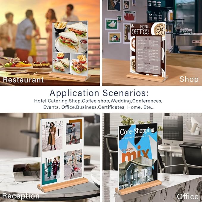 Kersally Acrylic Sign Holder 4 x 6,6 Pack Double-Sided Clear Vertical Table Display Stands with Wood Base, Acrylic Frame Menu Flyer Paper Holder for Stores, Restaurants, Hotels, Office, Show Fair